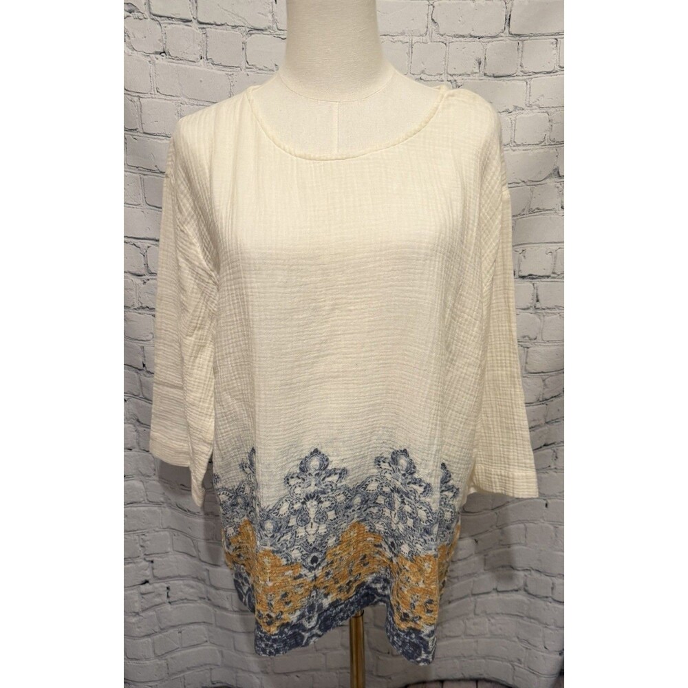 Pure Jill Top Blue Gold Geometric Gauze Cotton 3/4 Sleeve Office Casual Large